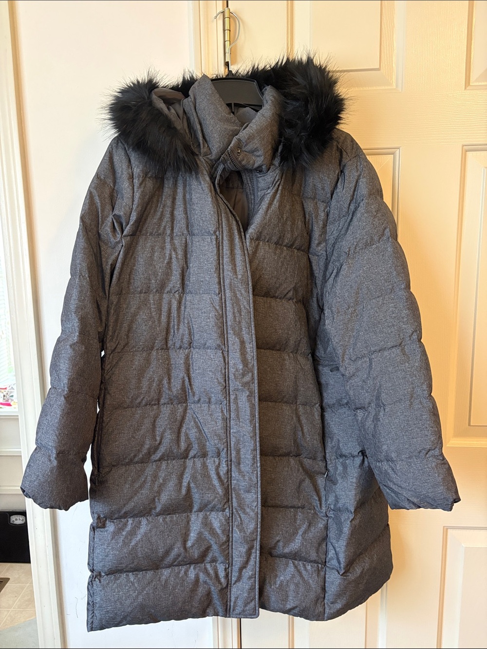 Lands' End Dark Gray Quilted Puffer Coat with Faux-Fur Hood